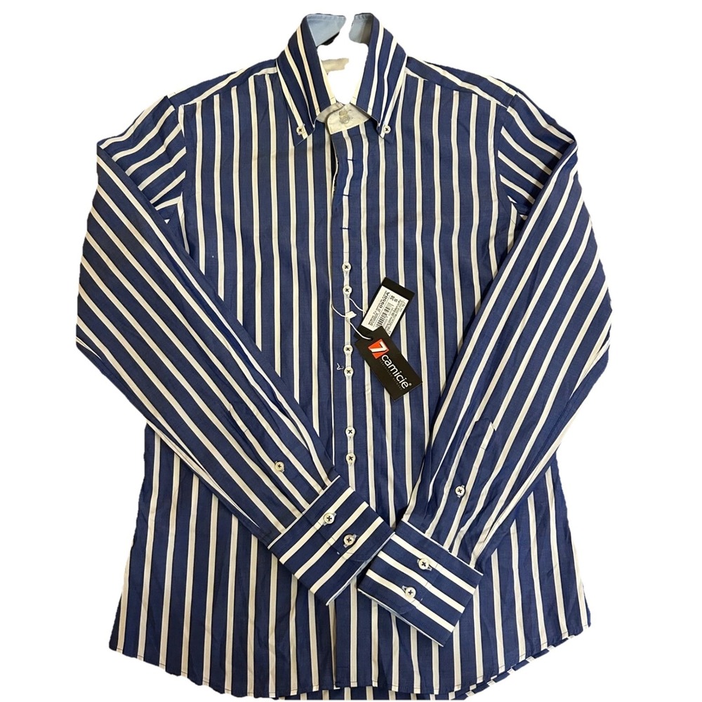 7 Camicie Men Slim Fit Blue White Vertical Stripe Button Euro Dress Shirt Small